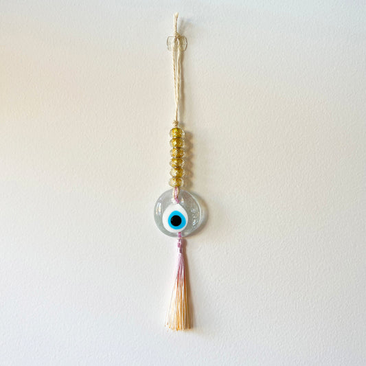 CLEAR EVIL EYE  BEADED WITH  GRADIENT TASSEL - XSMALL