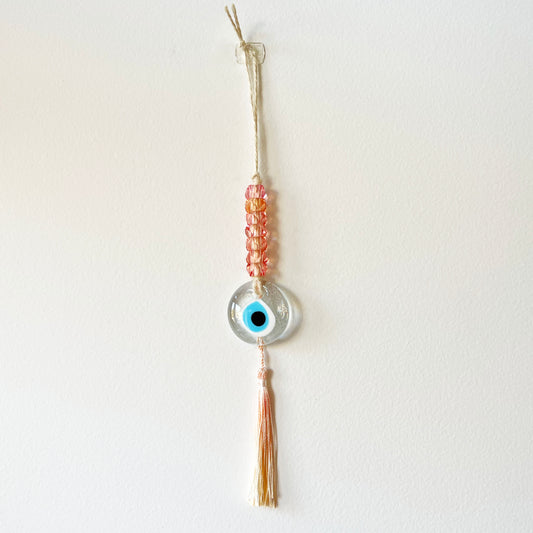 CLEAR EVIL EYE  BEADED WITH  GRADIENT TASSEL - XSMALL