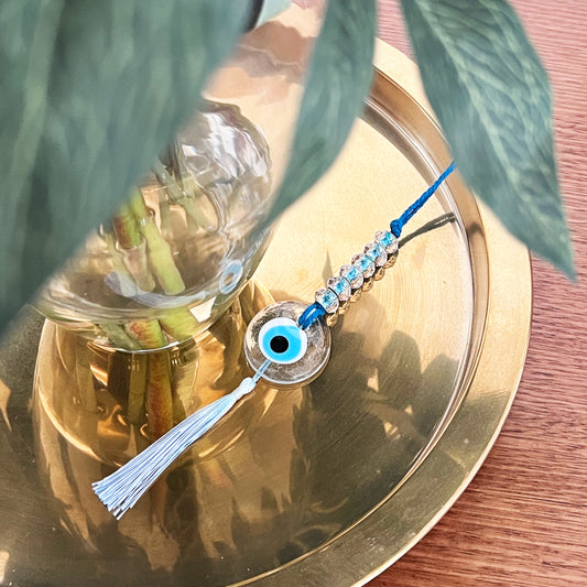 CLEAR EVIL EYE  BEADED WITH  GRADIENT TASSEL - XSMALL