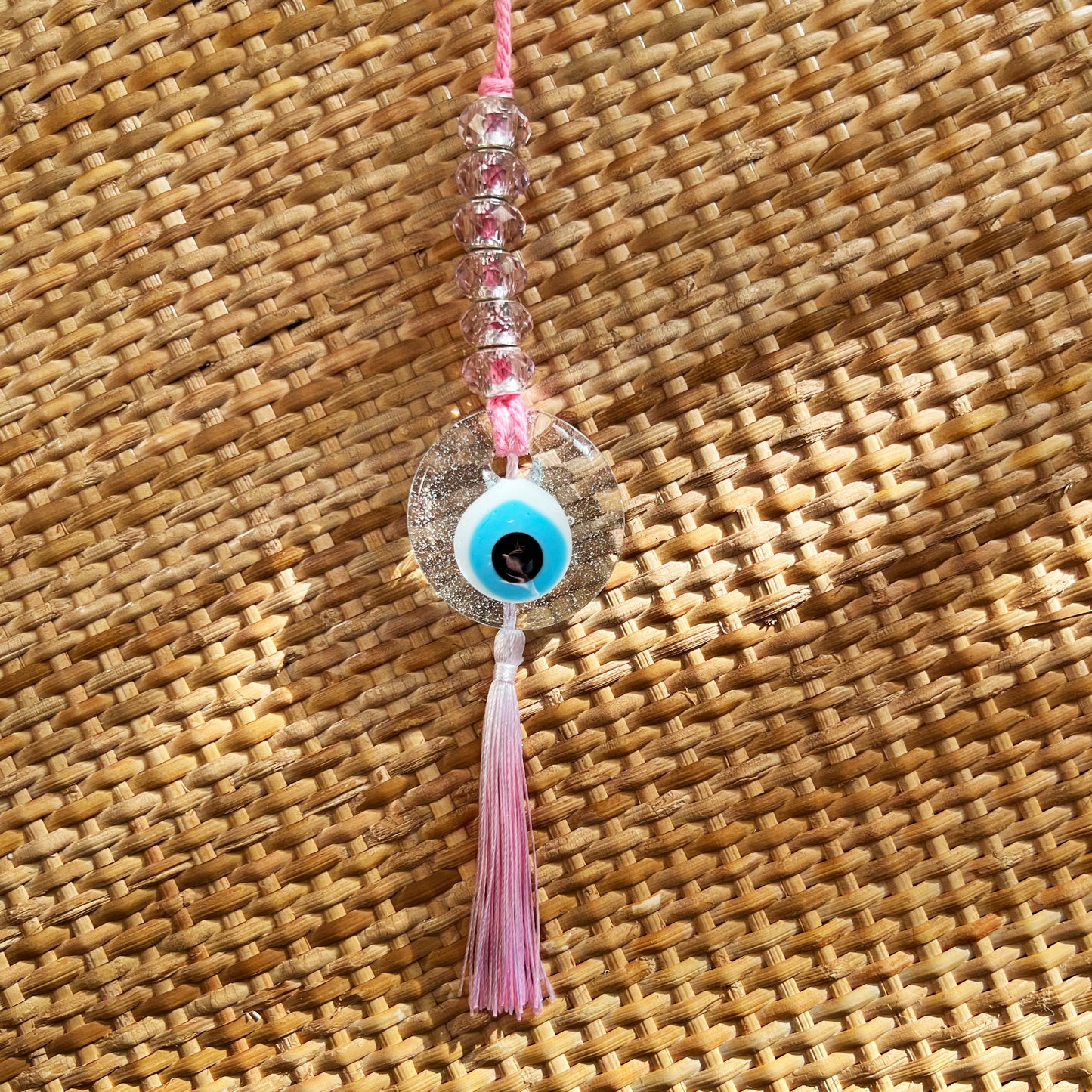 CLEAR EVIL EYE  BEADED WITH  GRADIENT TASSEL - XSMALL